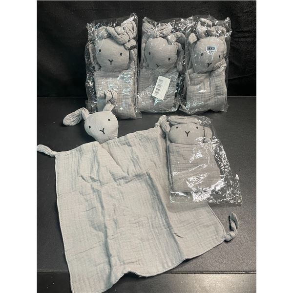 5 Grey Bunny Baby Security Blankets/Soft Plush Bunny Baby Loveys - New
