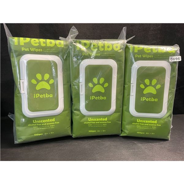 3 Packs of iPetBa Unscented Hypoallergenic Pet Wipes - 100pcs Per Pack - 8" x 8" Size - New