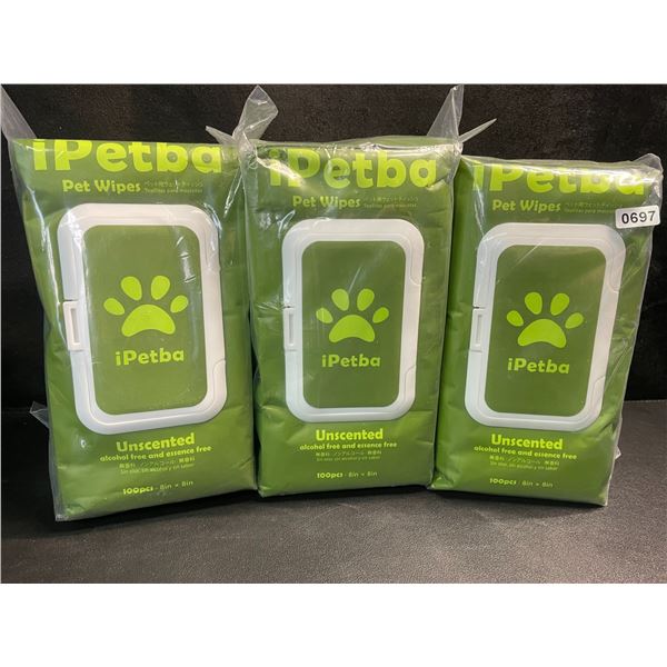 3 Packs of iPetBa Unscented Hypoallergenic Pet Wipes - 100pcs Per Pack - 8" x 8" Size - New