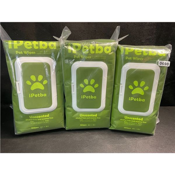 3 Packs of iPetBa Unscented Hypoallergenic Pet Wipes - 100pcs Per Pack - 8" x 8" Size - New