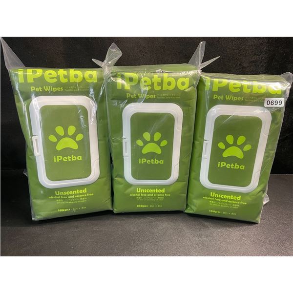 3 Packs of iPetBa Unscented Hypoallergenic Pet Wipes - 100pcs Per Pack - 8" x 8" Size - New