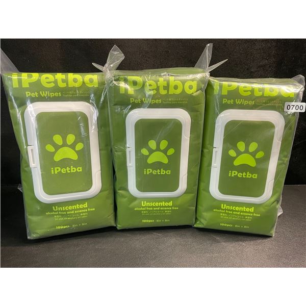 3 Packs of iPetBa Unscented Hypoallergenic Pet Wipes - 100pcs Per Pack - 8" x 8" Size - New
