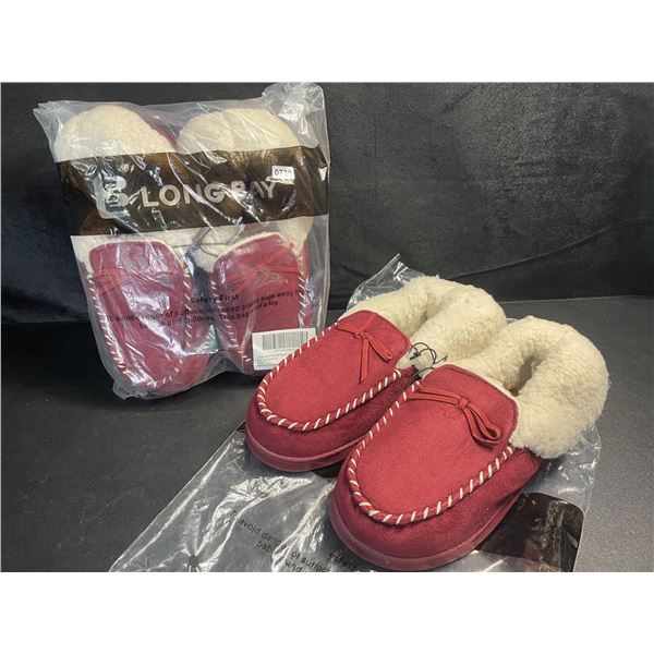2 Pairs of Ladies Faux Suede Moccasin Memory Foam Slippers - Burgundy - Size S (5-6) - New