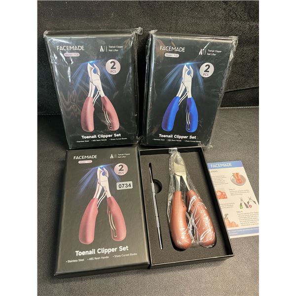 3 Facemade Heavy-Duty Toenail Clipper Sets - Includes Toenail Clipper & Nail Lifter Tool - New