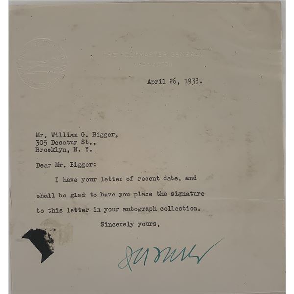 DNC chairman James A. Farley signed note