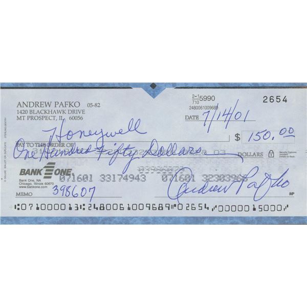 Andrew Pafko signed check
