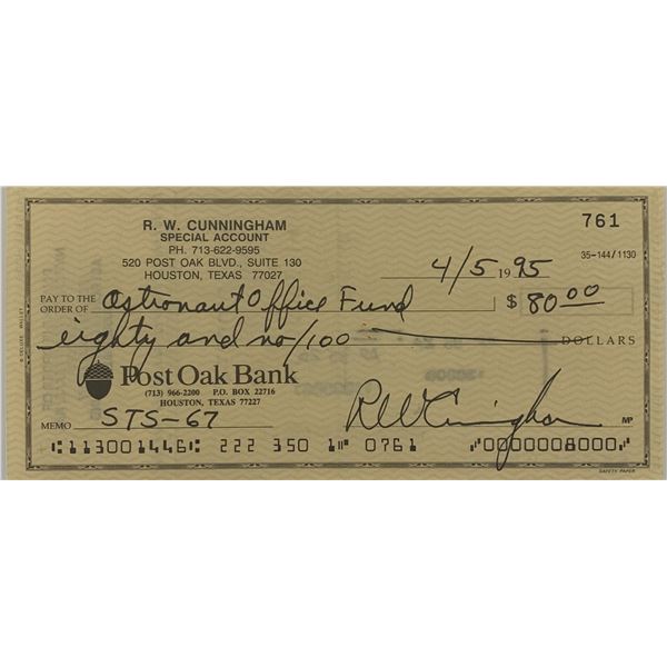 Apollo 7 Astronaut Walter Cunningham signed check