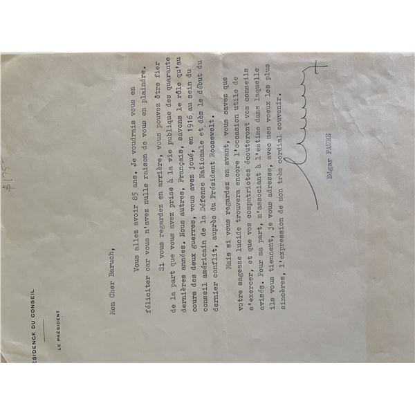 Prime Minister of France Edgar Jean Faure signed letter