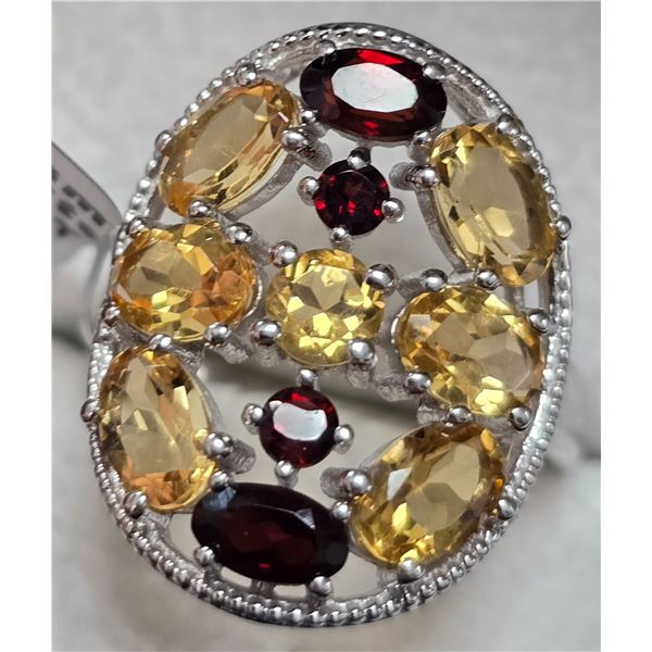 SILVER CITRINE AND GARNET 4.05CT 3.55G RING SIZE 7