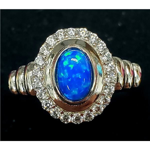 SILVER CREATED OPAL AND CZ RING