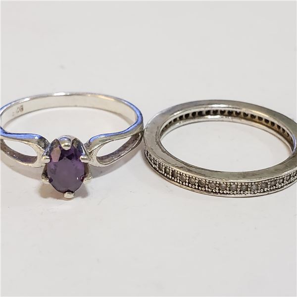 SILVER LOT OF 2 AMETHYST CUBIC ZIRCONIA RING