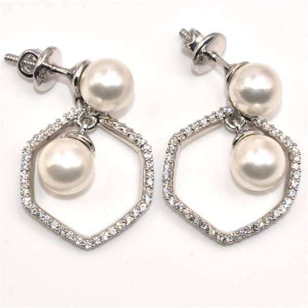 SILVER PEARL CZ(8.75CT) RHODIUM PLATED EARRINGS