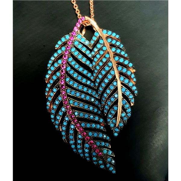 SILVER RED CZ WITH TURQUOISE 18" NECKLACE