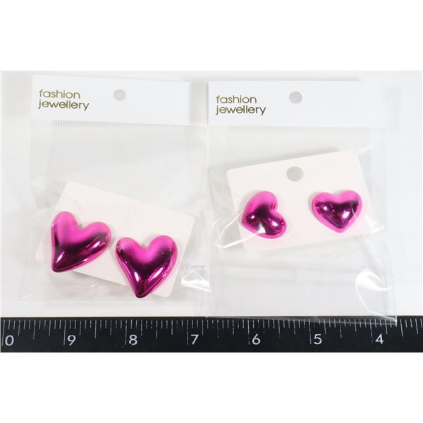 2 NEW PAIRS FUCHSIA OF HEART DESIGN STUD EARRINGS