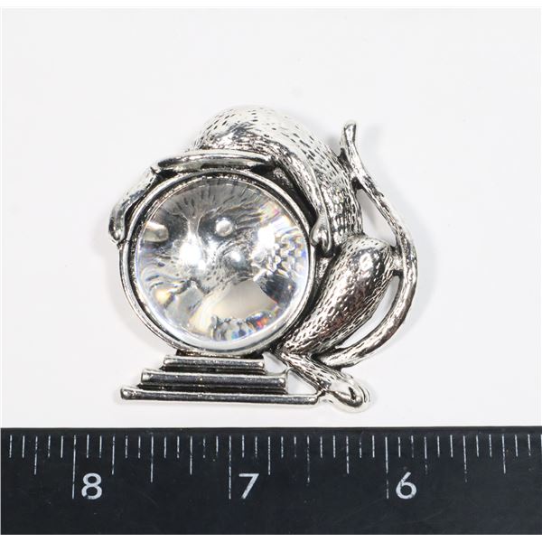 NEW FISH TANK CAT BROOCH. CAT IS MAGNIFIED IN