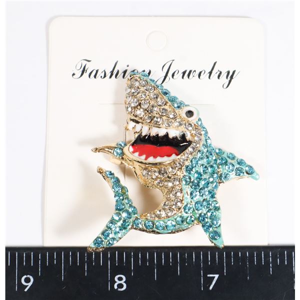 NEW BLUE RHINESTONE SHARK BROOCH/PENDANT