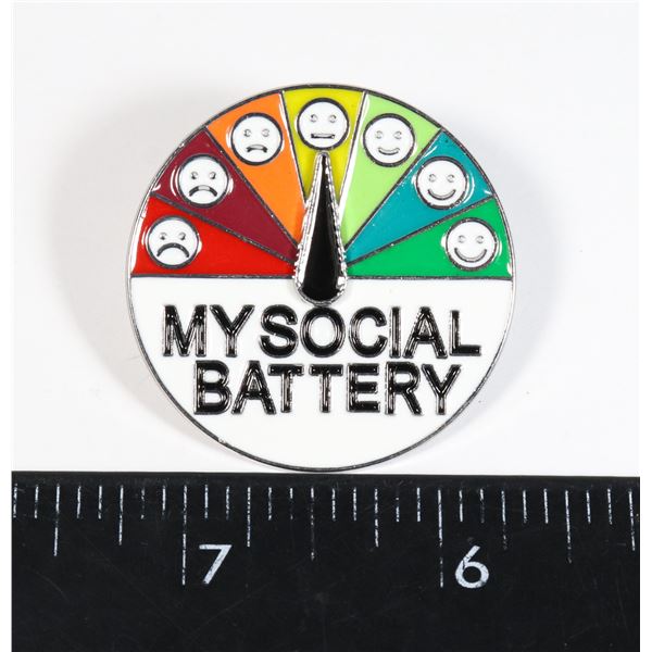 NEW SILVER TONE SOCIAL BATTERY METER LAPEL PIN