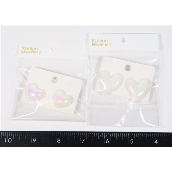 2 NEW PAIRS IRIDESCENT WHITE OF HEART DESIGN STUD