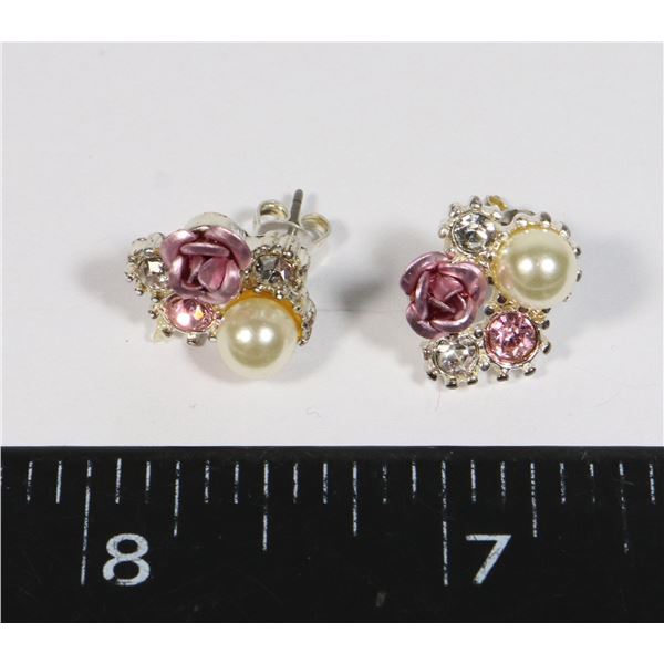 SILVER TONE AVON ROSE STUD EARRINGS. CLEAR