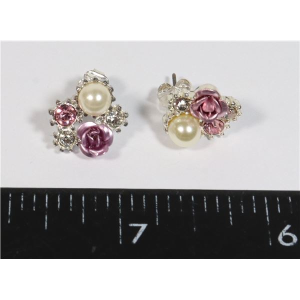 SILVER TONE AVON ROSE STUD EARRINGS. CLEAR