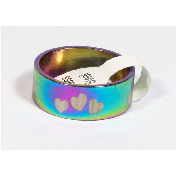 NEW OIL-SLICK TONE HEART DESIGN SIZE 6.5 STAINLESS