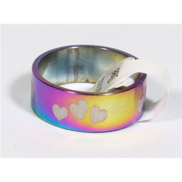 NEW OIL-SLICK TONE HEART DESIGN SIZE 6.5 STAINLESS