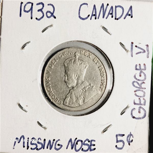 1932 *Missing Nose* Canada 5 Cent Coin