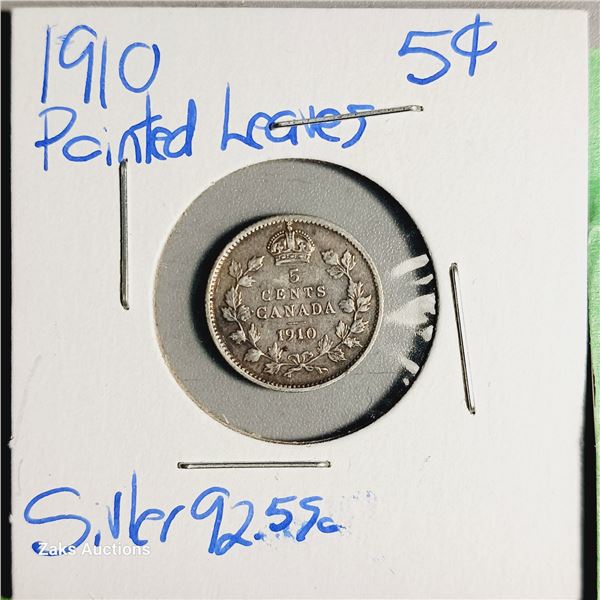 1910 *Pointed Leaves* Canada 5 Cent Coin - .925 Silver