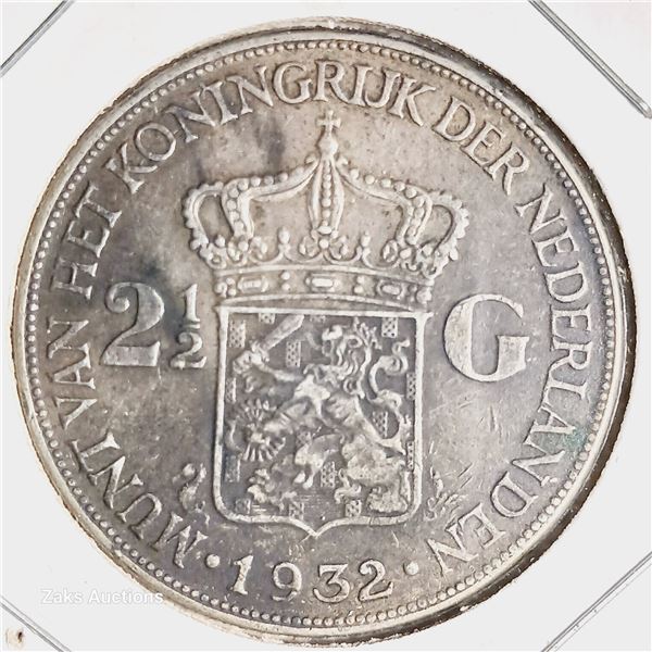 1932 Netherlands 2.5 Gulden Coin - .720 Silver