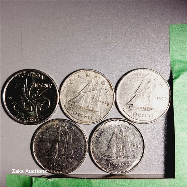 Lot of 5 Canada 10 Cent Coins - Dates; 2017, 1979, 1979, 1975, 1986
