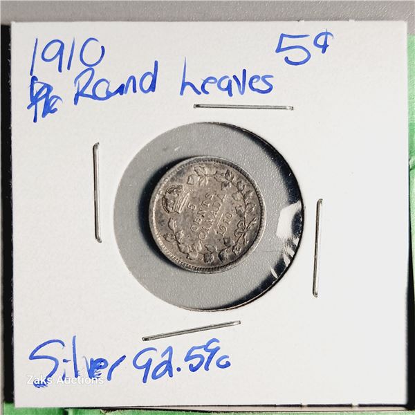 1910 *Round Leaves* Canada 5 Cent Coin - .925 Silver