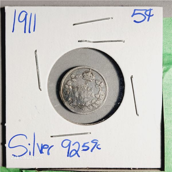 1911 Canada 5 Cent Coin - .925 Silver