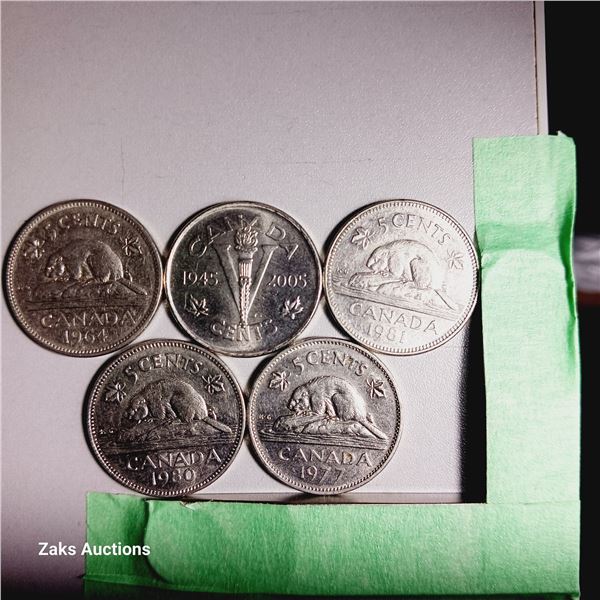 Lot of 5 Canada 5 Cent Coins - Dates; 1964, 2005, 1981, 1980, 1977