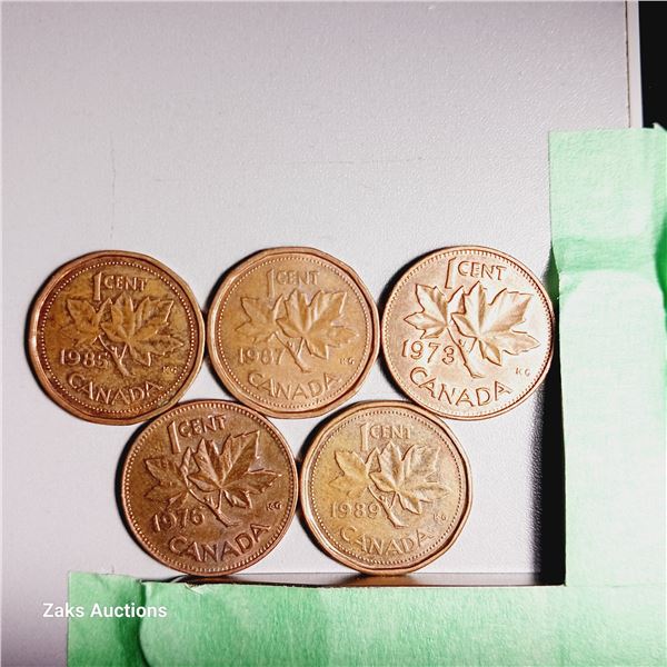 Lot of 5 Canada 1 Cent Coins - Dates; 1985, 1987, 1973, 1976, 1989