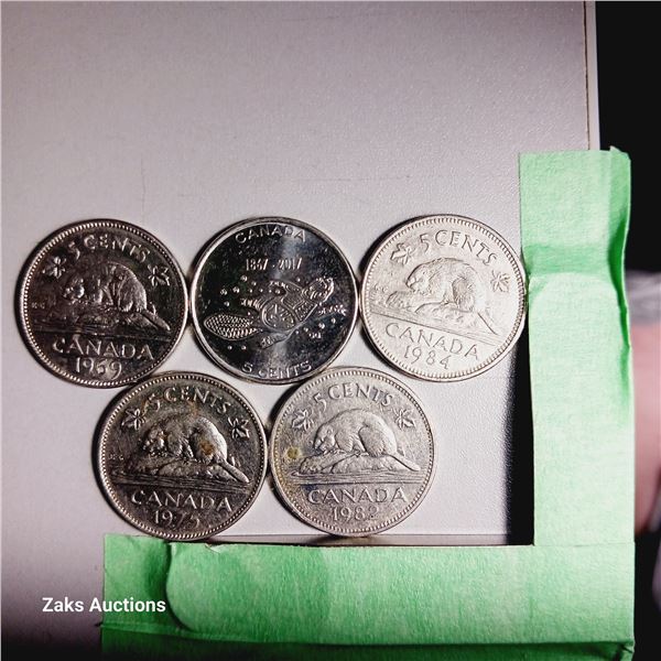 Lot of 5 Canada 5 Cent Coins - Dates; 1969, 2017, 1984, 1975, 1982