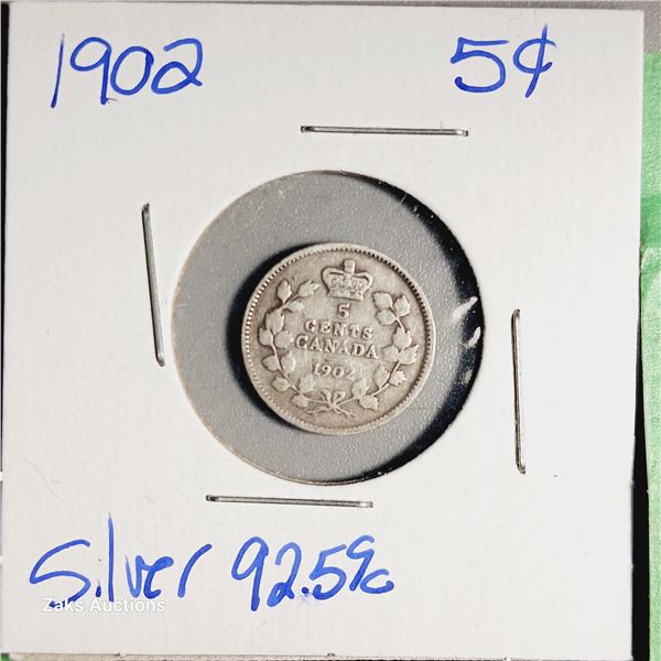 1902 Canada 5 Cent Coin - .925 Silver
