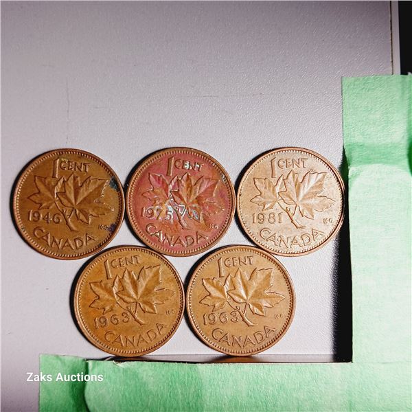 Lot of 5 Canada 1 Cent Coins - Dates; 1946, 1975, 1981, 1963, 1963