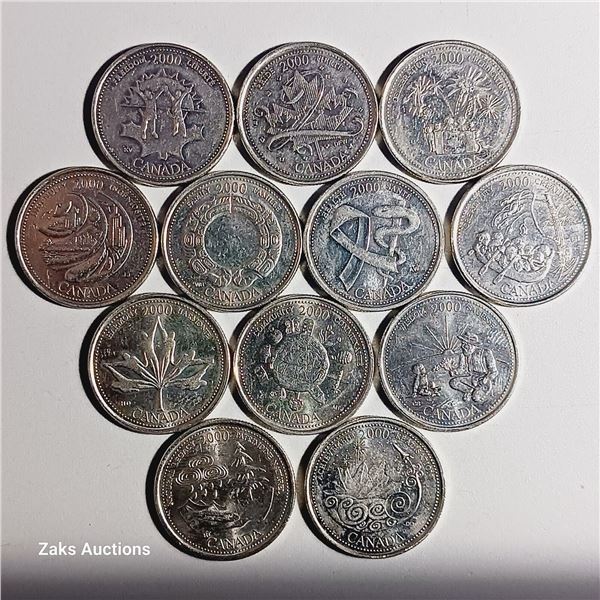 Set Of 12, 2000 Canadian Millennium 25 Cent Coins