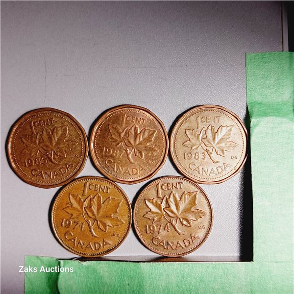 Lot of 5 Canada 1 Cent Coins - Dates; 1985, 1987, 1983, 1971, 1974