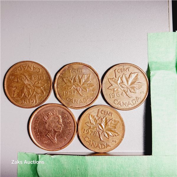 Lot of 5 Canada 1 Cent Coins - Dates; 1981, 1987, 1964, 2002, 1978