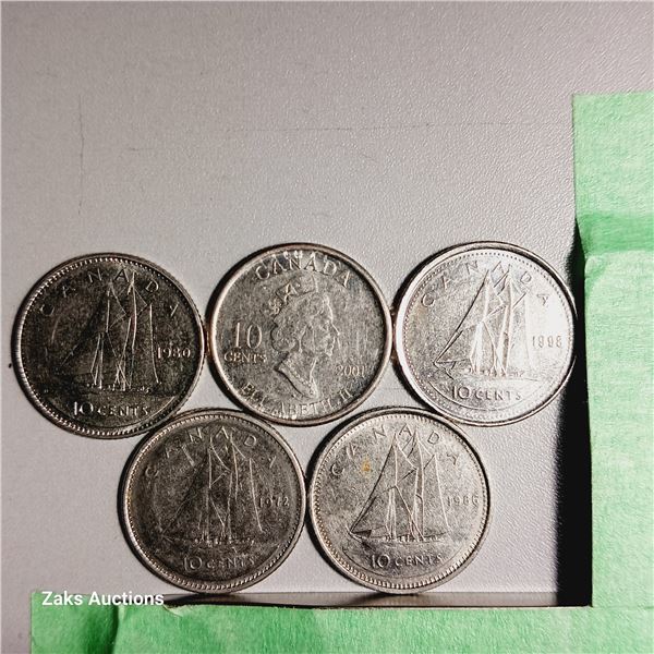Lot of 5 Canada 10 Cent Coins - Dates; 1980, 2001, 1998, 1972, 1986