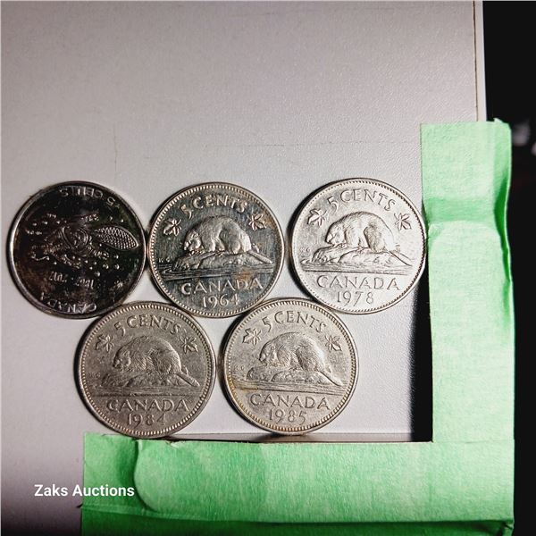 Lot of 5 Canada 5 Cent Coins - Dates; 2017, 1964, 1978, 1984, 1985