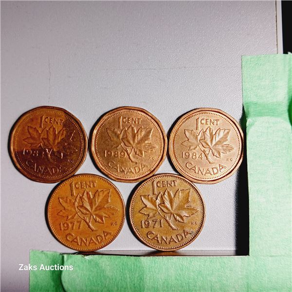Lot of 5 Canada 1 Cent Coins - Dates; 1983, 1989, 1984, 1977, 1971