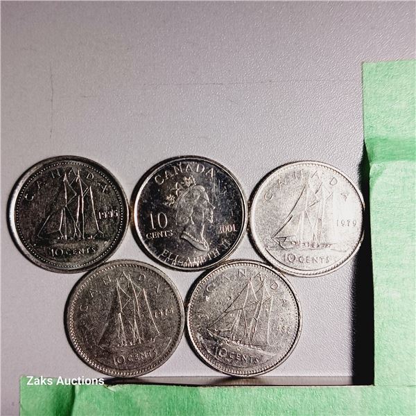 Lot of 5 Canada 10 Cent Coins - Dates; 1995, 2001, 1979, 1975, 1982