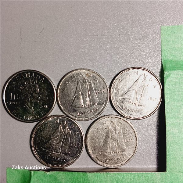 Lot of 5 Canada 10 Cent Coins - Dates; 2001, 1979, 1992, 1984, 1975