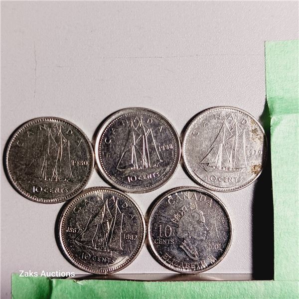 Lot of 5 Canada 10 Cent Coins - Dates; 1980, 1998, 1979, 1992, 2001