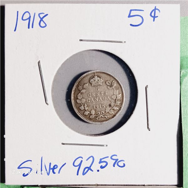1918 Canada 5 Cent Coin - .925 Silver