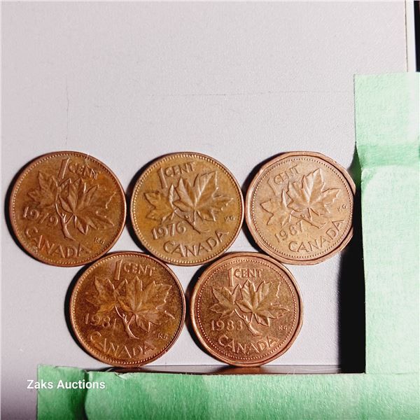 Lot of 5 Canada 1 Cent Coins - Dates; 1979, 1976, 1987, 1981, 1983