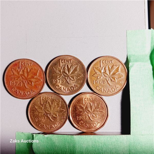 Lot of 5 Canada 1 Cent Coins - Dates; 1974, 1975, 1968, 1981, 1988