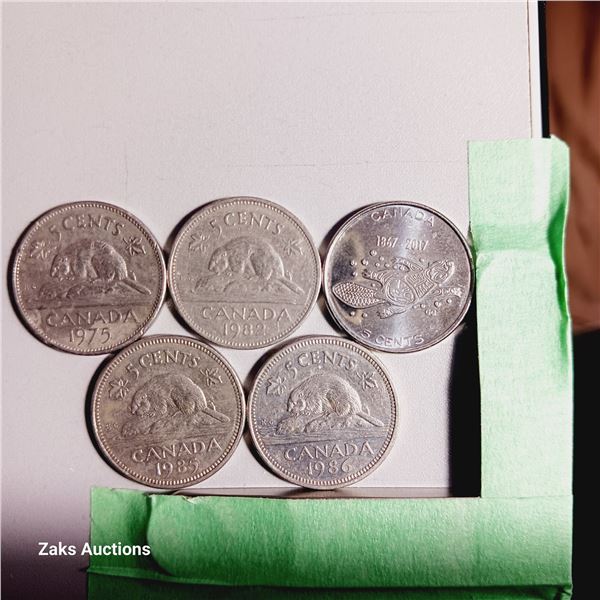 Lot of 5 Canada 5 Cent Coins - Dates; 1975, 1982, 2017, 1985, 1986